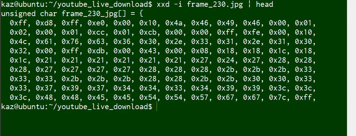 Kaz_Macintosh's tweet image. xxdコマンドの -i オプションで、C言語のソースコード形式にできるの初めて知った！