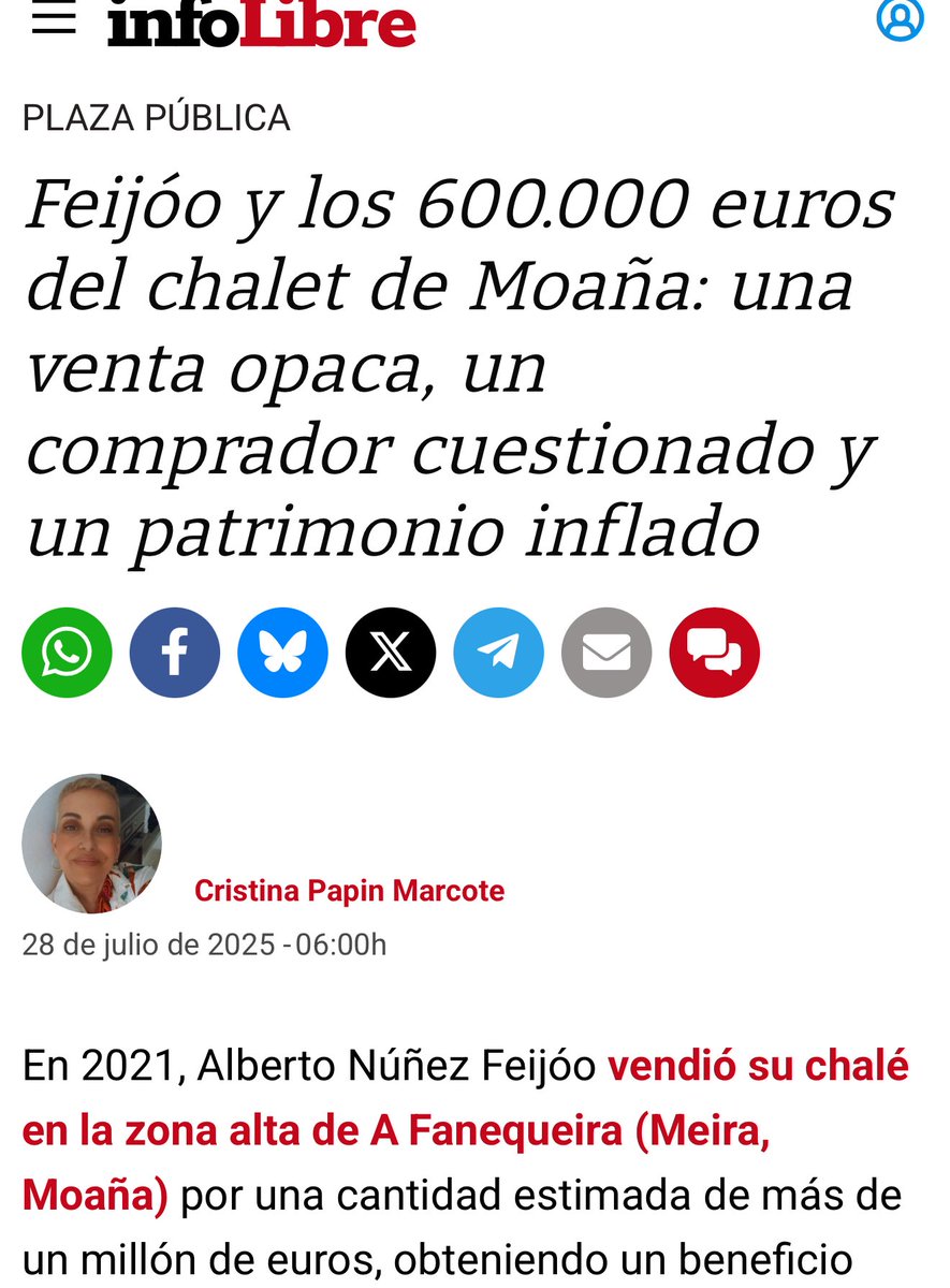 Feijóo ocultó una operación millonaria. 

La venta de su chalé de Moaña fue una operación opaca, con más de 600.000 euros de beneficio neto de 1,1 millón de euros de precio inflado. 

Oculta el comprador e intentó ocultar esa venta.

Escribo en <a href="/_infoLibre/">infoLibre</a> infolibre.es/opinion/plaza-…