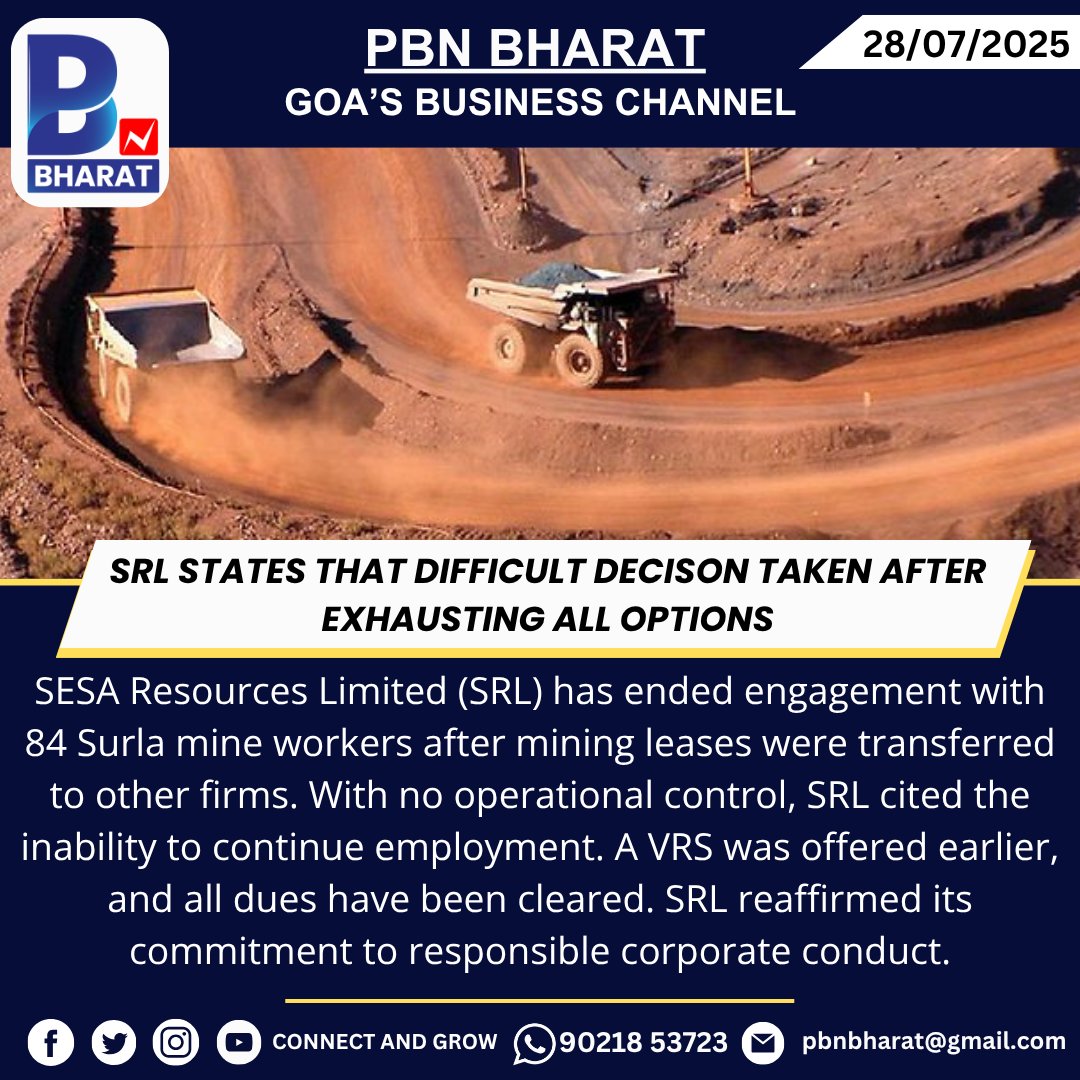 PBNBHARAT's tweet image. SRL states that difficult decison taken after exhausting all options
#SESAResources #GoaMining #WorkforceTransition #CorporateResponsibility #MiningNews #SRLUpdate #EmployeeWelfare #GoaIndustry #MiningJobs #VRS