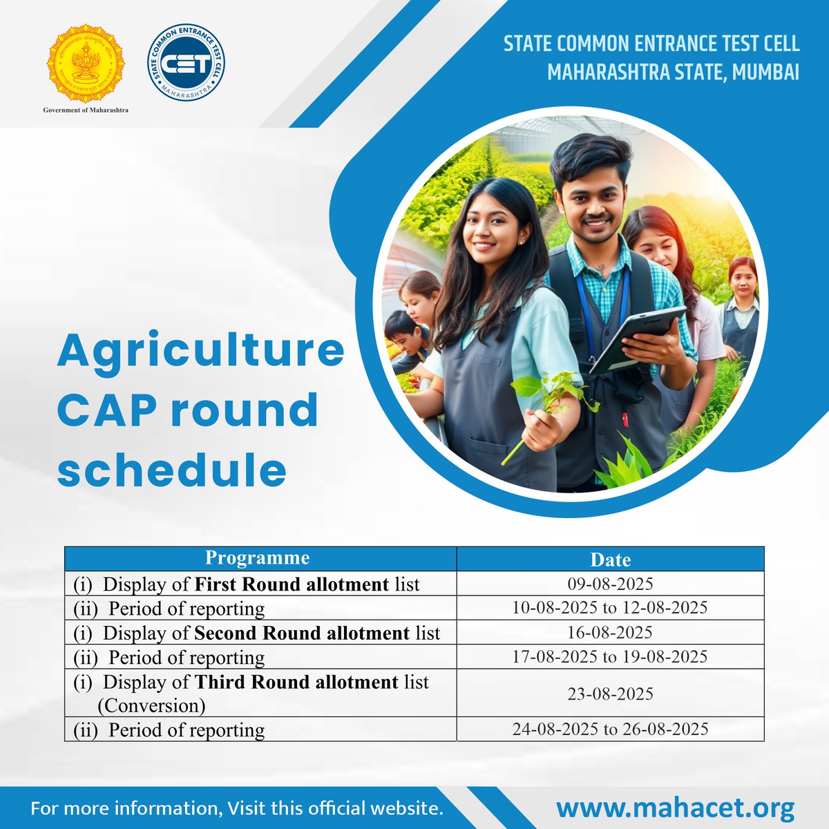 The State Common Entrance Test Cell, Maharashtra has released the Agriculture CAP Round schedule for 2025 admissions!