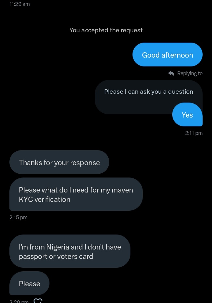 Range__Trader_'s tweet image. Still confused about Maven KYC requirements?(Read this especially if you’re a Nigerian trader)
Someone asked me this(photo below)
Some people are confused about what documents they need to complete KYC
So here’s a quick breakdown to help you out:
- Documents accepted for KYC…