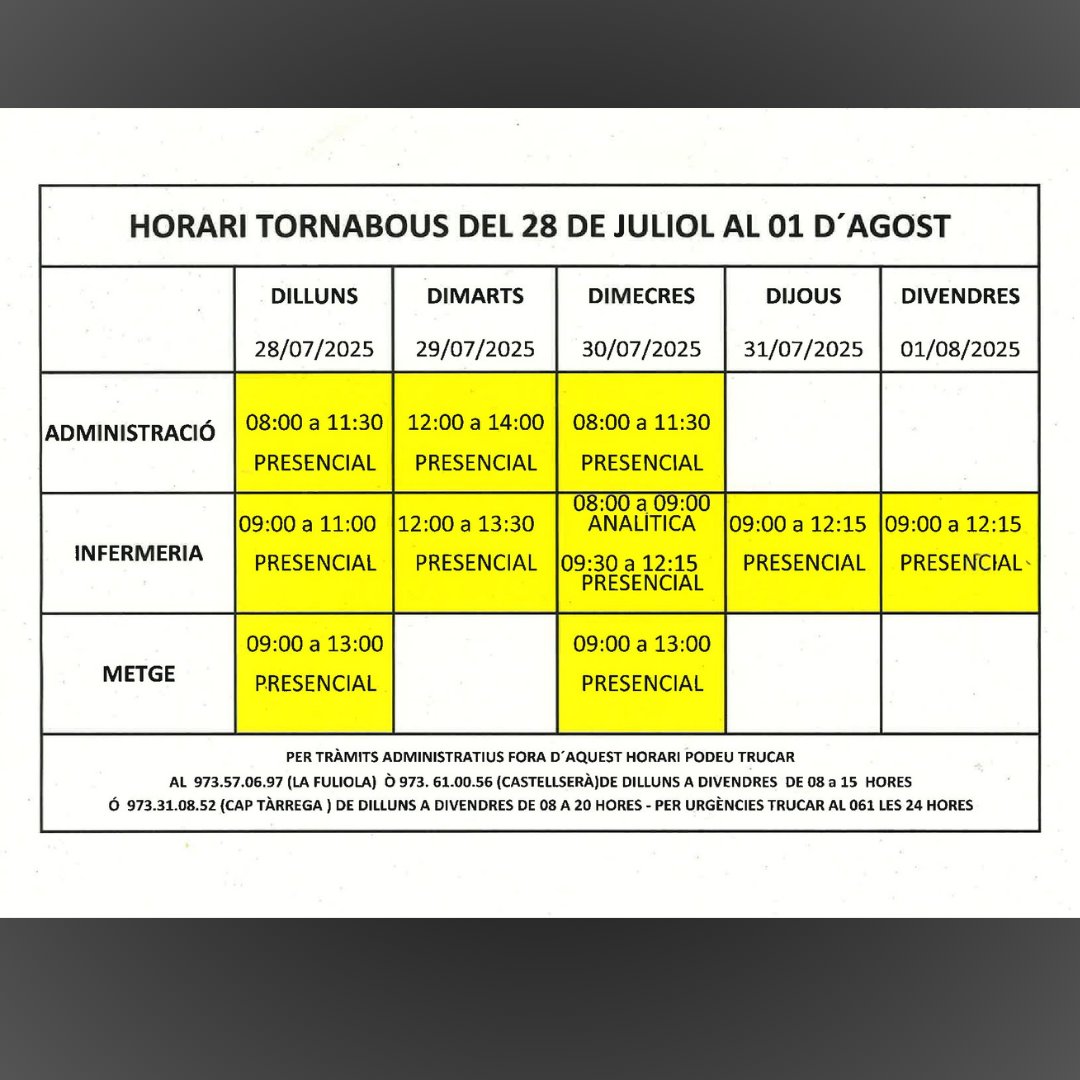 👨‍⚕️ Horari del consultori mèdic de Tornabous.
🗓️ Setmana del 28 de juliol a l'1 d'agost. 
#municipidetornabous