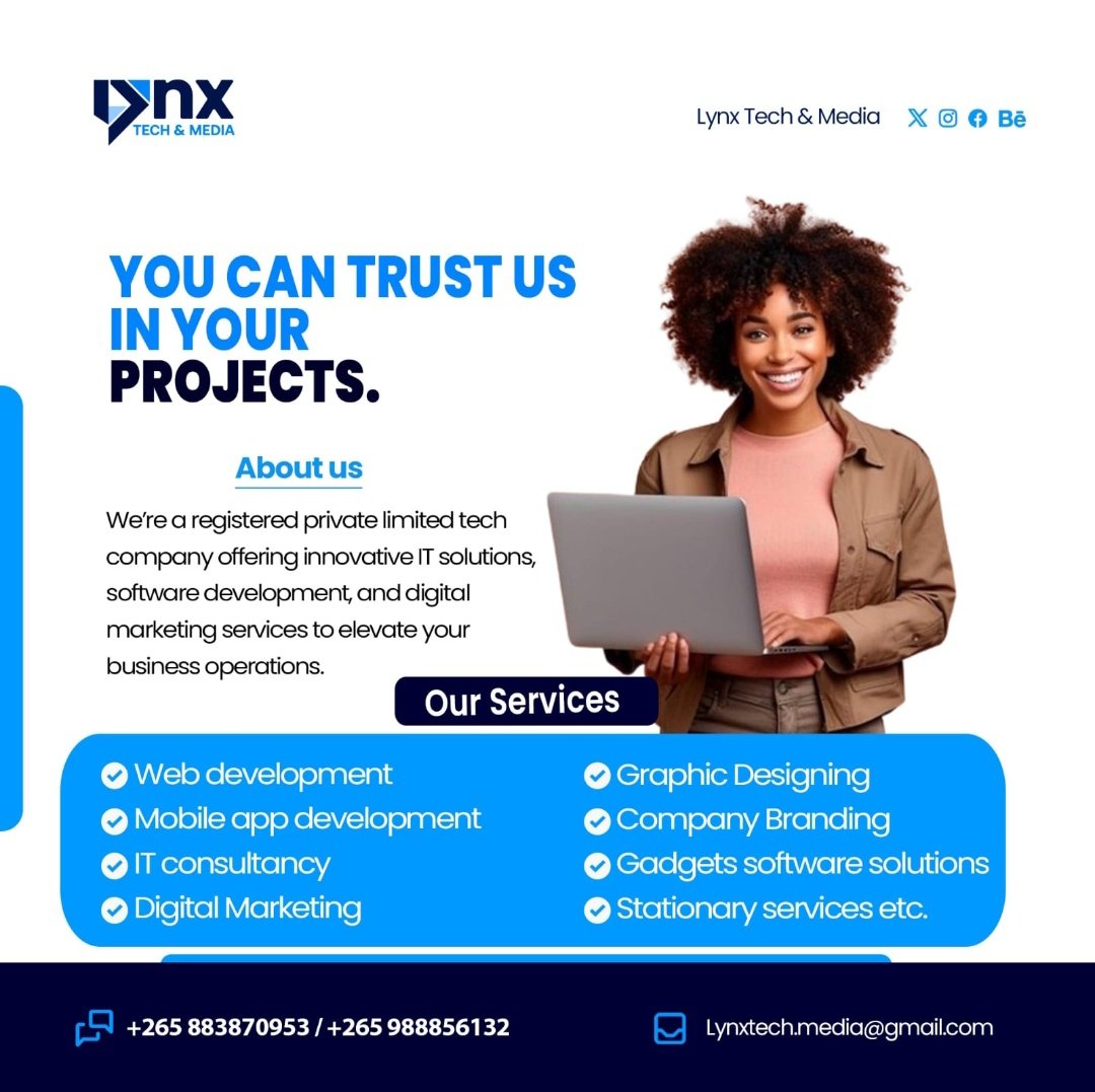 JulioMulenga's tweet photo. Madolo ntownimu ndambiri koma awawa ndi promax🙃🔥
Pop Automate your business with Lynx Tech & Media!
Affordable software solutions: POS, websites, mobile apps, and more.
We're in blantyre, chitawira
📞 +265 883 870 953 / +265 981 849 012
lynxtech.media@gmail.com
#LynxTech https://t.co/I4ix7xBFa0