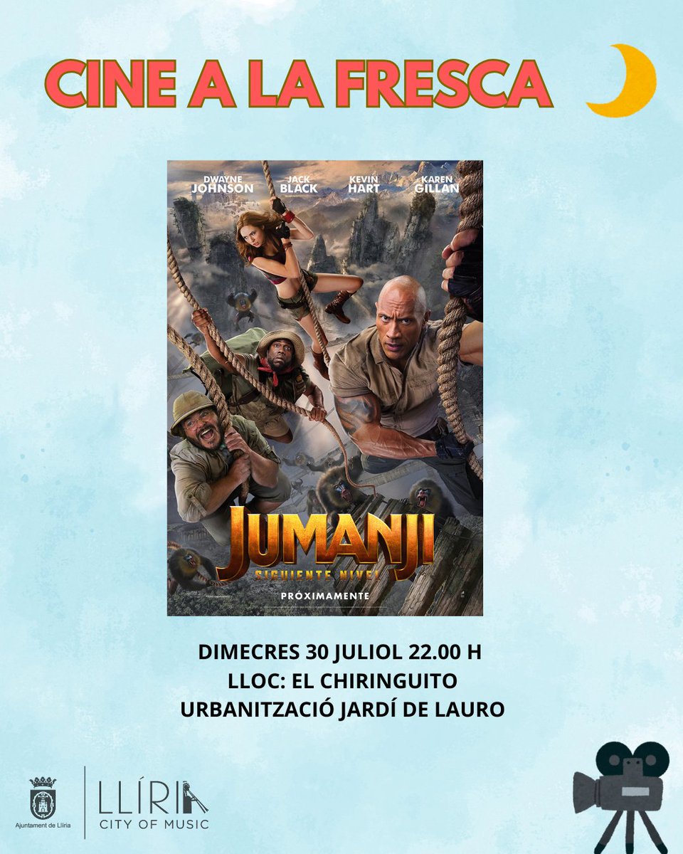 🎥 El Chiringuito de la urbanització Jardí de Lauro acollirà la primera sessió del 'Cine a la fresca' amb la pel·lícula "Jumanji". La projecció es farà este dimecres, 30 de juliol, a les 22.00 hores.