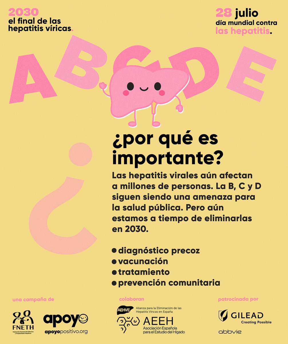 calcsicova's tweet image. 🗓28 juliol ➡️Dia Mundial contra les #Hepatitis
📢Perquè cada lletra compta: A, B, C, D i E.
👉Cada tipus d'hepatitis importa, i totes tenen solució.
ℹ️Informa't i actua. Perquè cuidar la teua salut és el primer pas per a canviar-lo tot.
@Apoyopositivo i @fneth_org