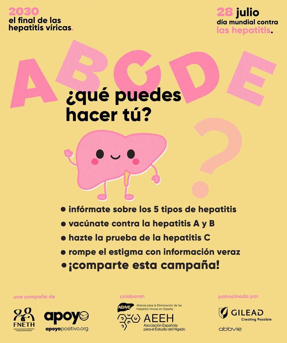calcsicova's tweet image. 🗓28 juliol ➡️Dia Mundial contra les #Hepatitis
📢Perquè cada lletra compta: A, B, C, D i E.
👉Cada tipus d'hepatitis importa, i totes tenen solució.
ℹ️Informa't i actua. Perquè cuidar la teua salut és el primer pas per a canviar-lo tot.
@Apoyopositivo i @fneth_org