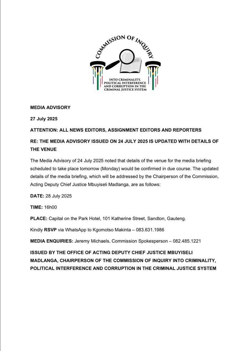 Mbekezeli (@mbekezelimb) on Twitter photo Later today (at 16:00) Justice Mbuyiseli Madlanga will address a press briefing on the establishment of the #MadlangaCommission of inquiry into allegations by Lt Gen #Mkhwanazi.
The Commission must start immediately after he steps downs from the <a href="/ConCourtSA/">Constitutional Court</a> on Thursday. Later today (at 16:00) Justice Mbuyiseli Madlanga will address a press briefing on the establishment of the #MadlangaCommission of inquiry into allegations by Lt Gen #Mkhwanazi.
The Commission must start immediately after he steps downs from the <a href="/ConCourtSA/">Constitutional Court</a> on Thursday.