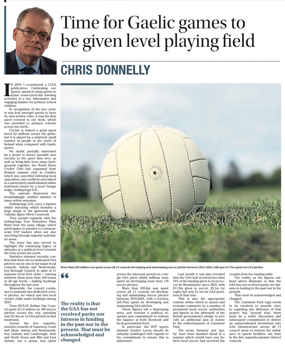 murchadhfinn's tweet image. “The terms ‘fairness’ and ‘parity’ have been bandied about in a manner which would have you believe local soccer had received the crumbs from the funding table.”
~Chris Donnelly

The Irish News

☕️🥐