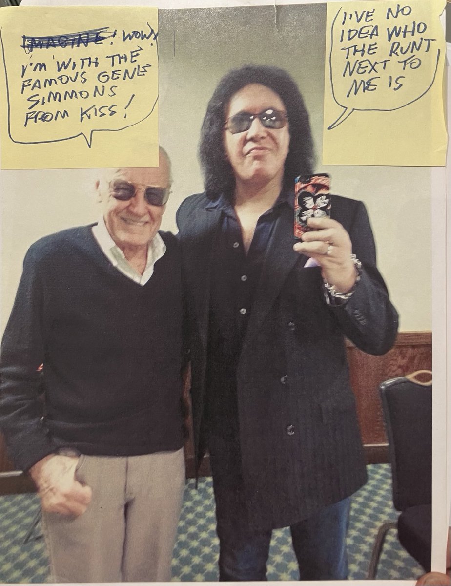 First met Stan Lee (Stanley Lieber) in 1978, when Marvel did KISS Comics. I idolize him ever since I was 13 years old. Stan co-created Fantastic Four, The Hulk, X-Men, Spider-Man, Thor, Iron Man &amp; 1000’s more.! That’s Stan’s notes on post its on our photo together. RIP Stan Lee.
