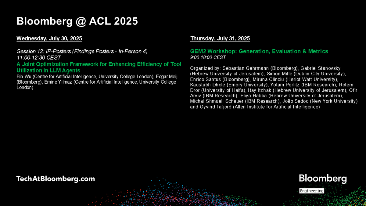 At #ACL2025NLP this week, researchers &amp; engineers from <a href="/Bloomberg/">Bloomberg</a>'s #AI Engineering group co-authored an #AgenticAI paper in the Findings of the ACL, while researchers from its CTO Office helped organize the <a href="/gem_workshop/">Generation Evaluation & Metrics Workshop</a> on #LLM evaluation
bloom.bg/4534qN6
#NLProc #GenAI