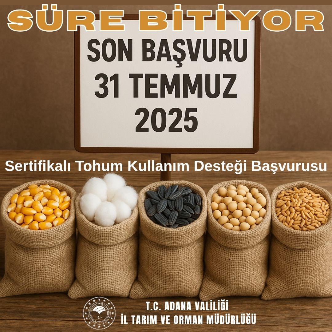 Adana İl Tarım ve Orman Müdürlüğü (@adanailtarim) on Twitter photo 👥🌾🚜Kıymetli üreticimiz; 2025 yılı Sertifikalı Tohum Kullanım Desteği için son başvuru tarihi yaklaşıyor. Destekten faydalanmak için 31 Temmuz 2025 tarihine kadar başvuru evraklarını bağlı olduğunuz İlçe Müdürlüğümüze teslim etmeyi unutmayınız.
<a href="/TCTarim/">T.C. Tarım ve Orman Bakanlığı</a> <a href="/ibrahimyumakli/">İbrahim Yumaklı</a> 👥🌾🚜Kıymetli üreticimiz; 2025 yılı Sertifikalı Tohum Kullanım Desteği için son başvuru tarihi yaklaşıyor. Destekten faydalanmak için 31 Temmuz 2025 tarihine kadar başvuru evraklarını bağlı olduğunuz İlçe Müdürlüğümüze teslim etmeyi unutmayınız.
<a href="/TCTarim/">T.C. Tarım ve Orman Bakanlığı</a> <a href="/ibrahimyumakli/">İbrahim Yumaklı</a>