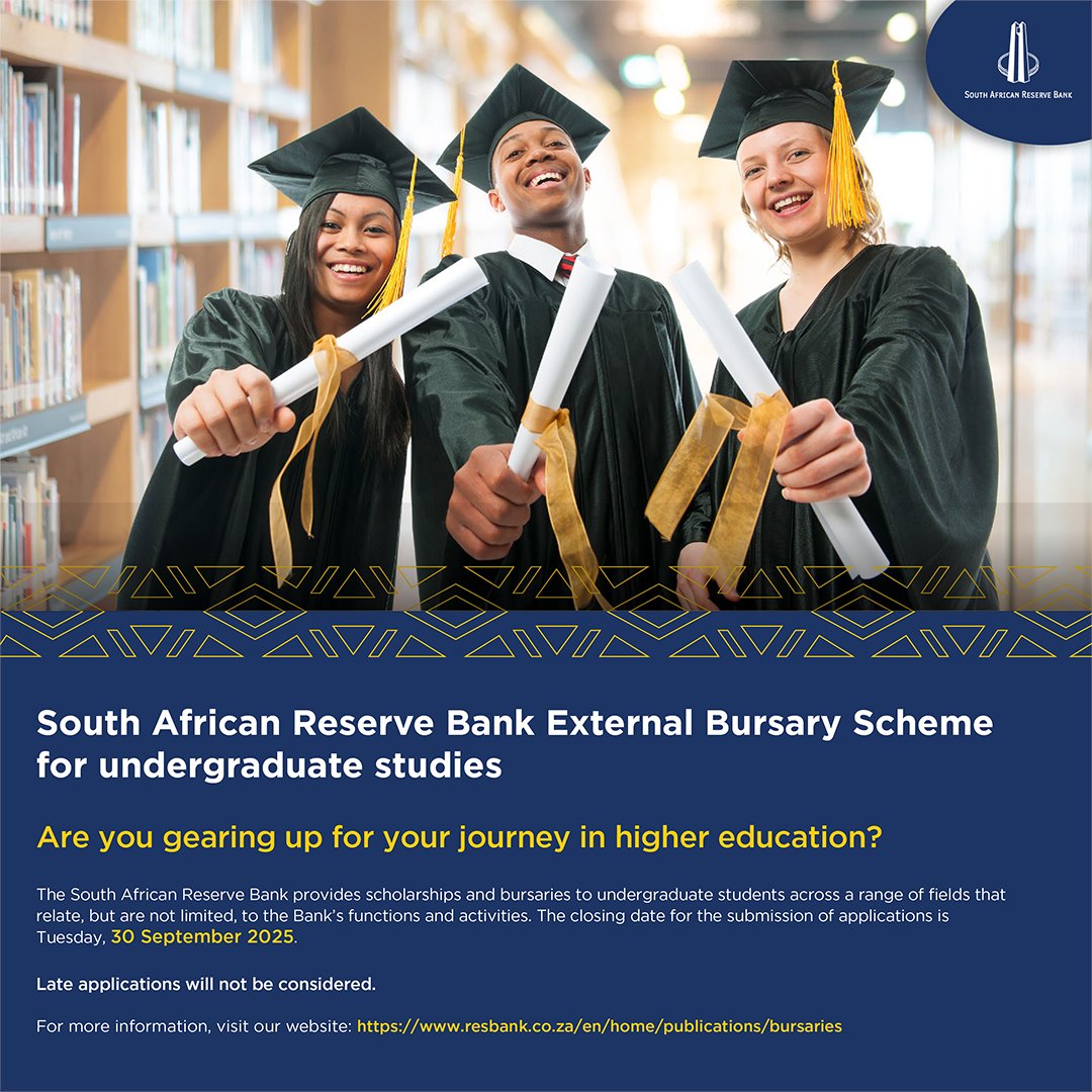 🎓 [APPLY TODAY] Starting your higher education journey?

The SA Reserve Bank offers scholarships and bursaries to undergraduates looking to study in a range of fields.

🗓️ Application deadline: 30 September 2025

Don't miss out! Late applications will not be considered.

For
