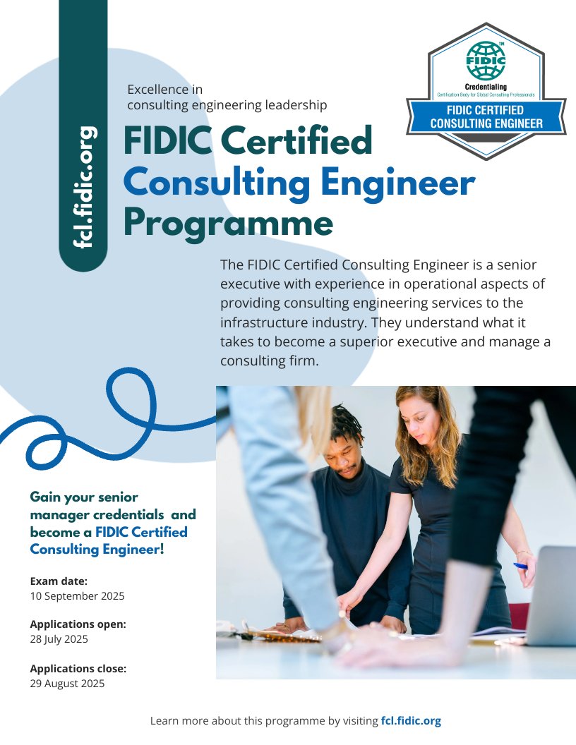 We are pleased to announce that we have opened applications for the FIDIC Certified Consulting Engineer certification programme.

Why not sign up today if you are a qualified #Engineer who has experience in managing a #construction or engineering projects? Or are you someone who