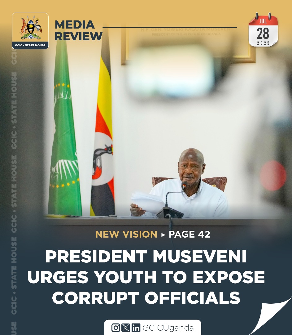 GCICMediaReview's tweet image. President Museveni urges Bunyoro youth to report officials demanding bribes for jobs and stealing medicines from health facilities.
#GCICMediaReview