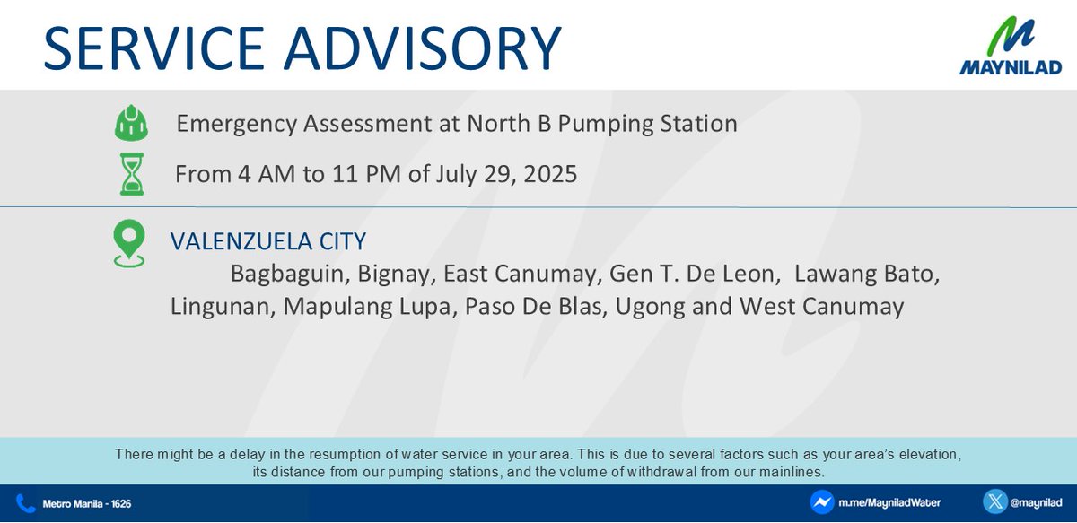 Our customers in portions of Caloocan City, Quezon City and Valenzuela City will experience water interruption from June 29, 2025 at 4:00 am until 11:00 pm due to emergency assessment.

We apologize for the inconvenience. Thank you.

Maynilad is being monitored and regulated by