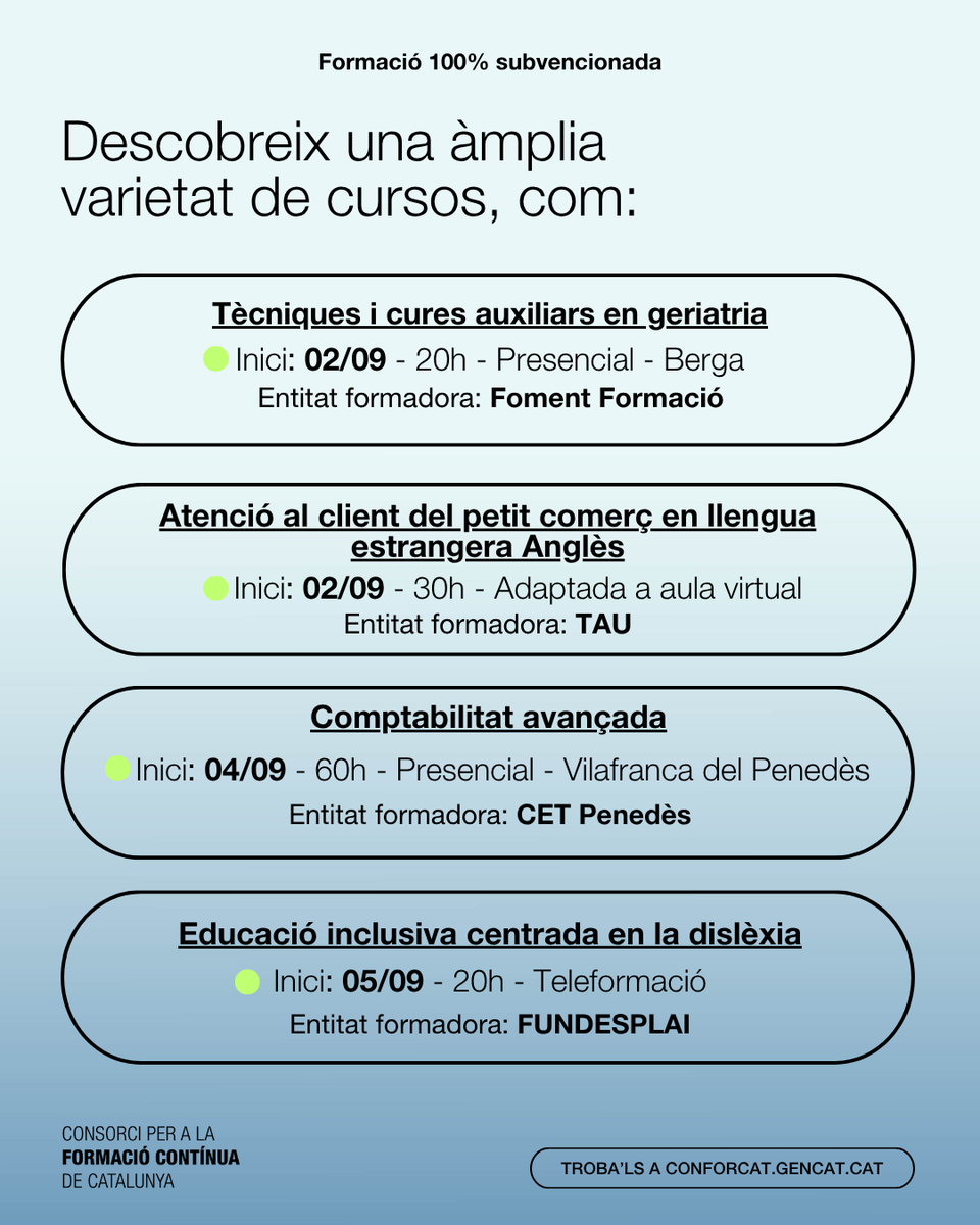 fpo_continua's tweet photo. 📢 Cursos d'especialitats sectorials i competències transversals 💯% subvencionats!

🗓️ Amb data d'inici entre l'2 i el 5 de setembre.

💻 Consulta aquests i molts més al nostre cercador de #cursos 👉 https://t.co/hxj6eQiX7B

@fomentformacio
@TAUformar
@cetpenedes
@fundesplai https://t.co/w5yMtN9sgm