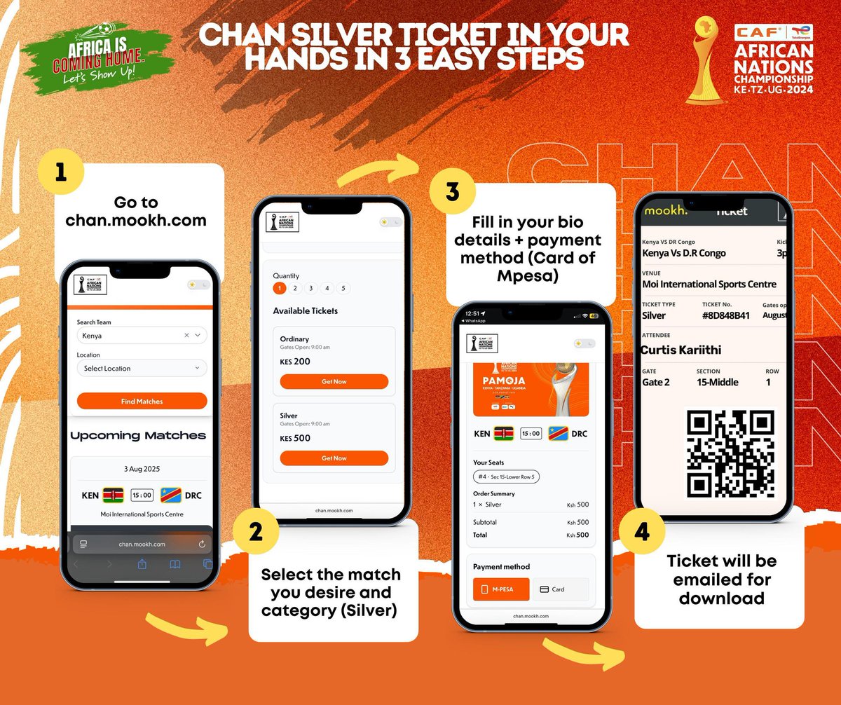 paulyech's tweet image. We also have the silver tickets going for as low as Ksh 500. The steps are almost similar to the ordinary ticket booking
#CHAN2024 #AfricaIsComingHome #FootballKE