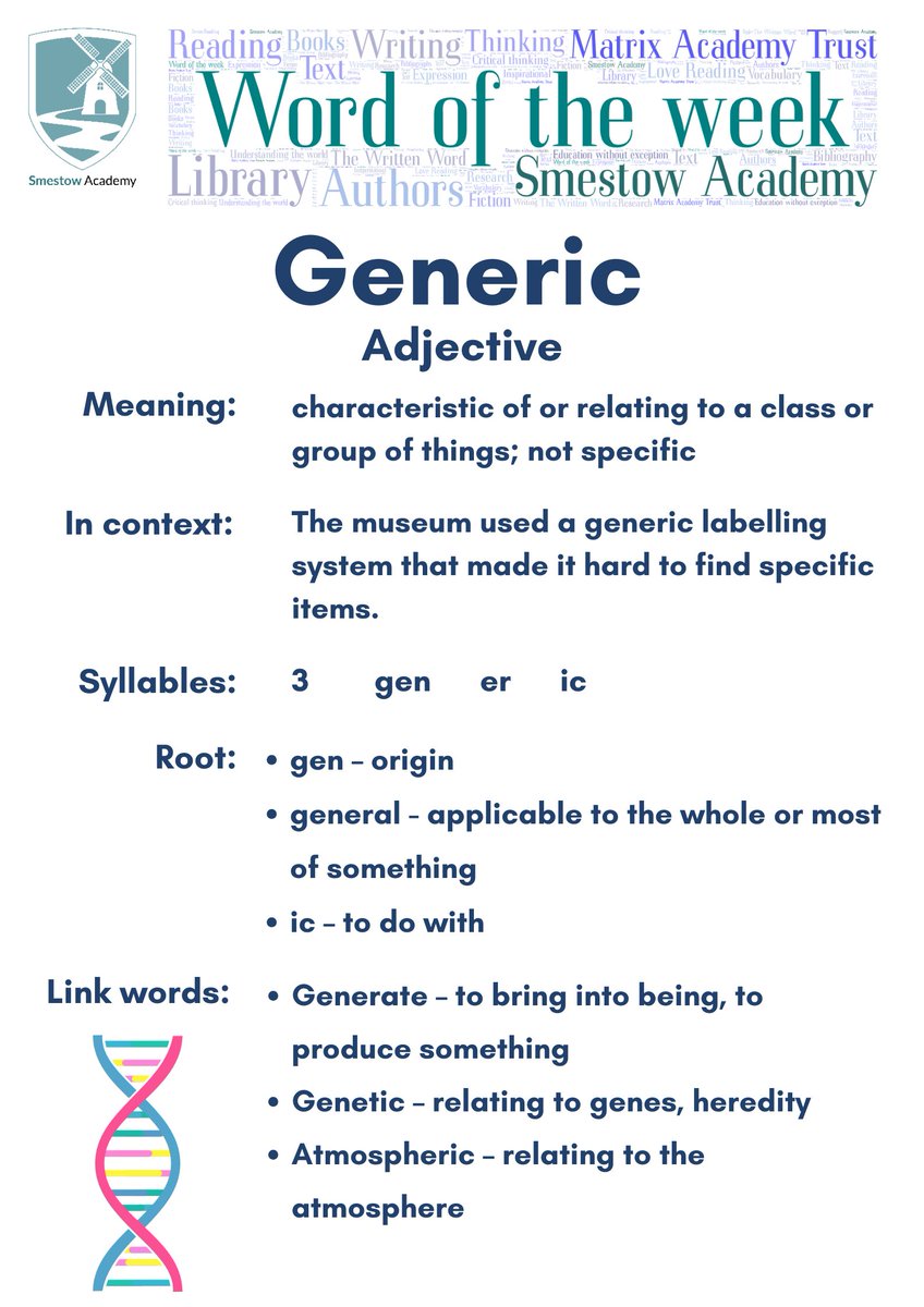 Generic
There’s nothing ‘generic’ about our Word of the Week, each words is specifically selected to example a broad range of words used in school.
#SmestowAcademyLibrary #WordOfTheWeek