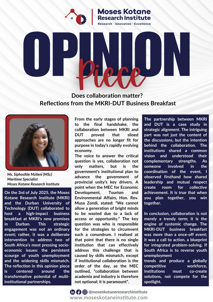 📢MKRI Opinion Series!
Insights from the MKRI-DUT KZN Research Business Breakfast. Tackling youth unemployment, skills mismatch &amp; the power of collaboration.
#YouthEmployment #MKRI #DUT