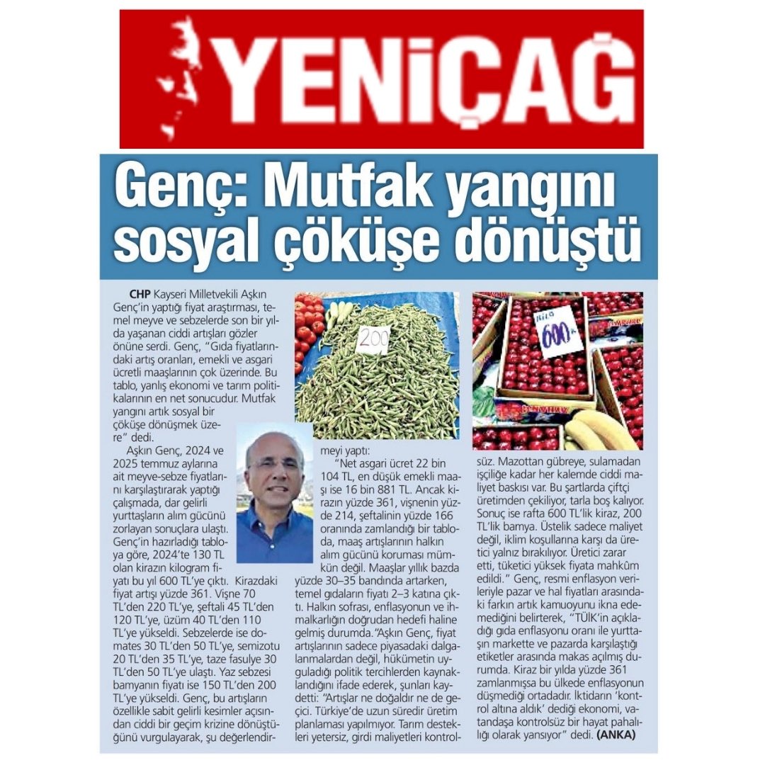gencaskn's tweet image. ❗️Bir yılda kiraz %361, vişne %214, üzüm %175 zamlandı.
❗️Aynı dönemde emekli maaşı %16, asgari ücret %33 arttı.
❗️Mutfaktaki yangın, TÜİK’in makyajını çoktan yaktı geçti.
🗞️@Gazete_Yenicag