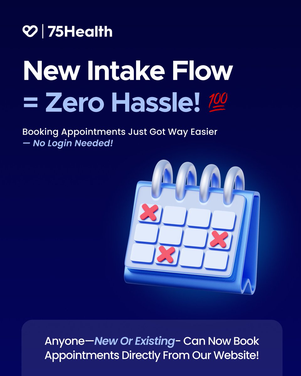 75Health's tweet image. Skip the hassle, keep it simple!

A smoother intake flow, built for speed and ease.

Start now — book appointments in seconds.
✨ Try our free trial today!

#75health #EHR #ElectronicHealthRecord #EMR #DigitalHealthRecord #IntakePatient