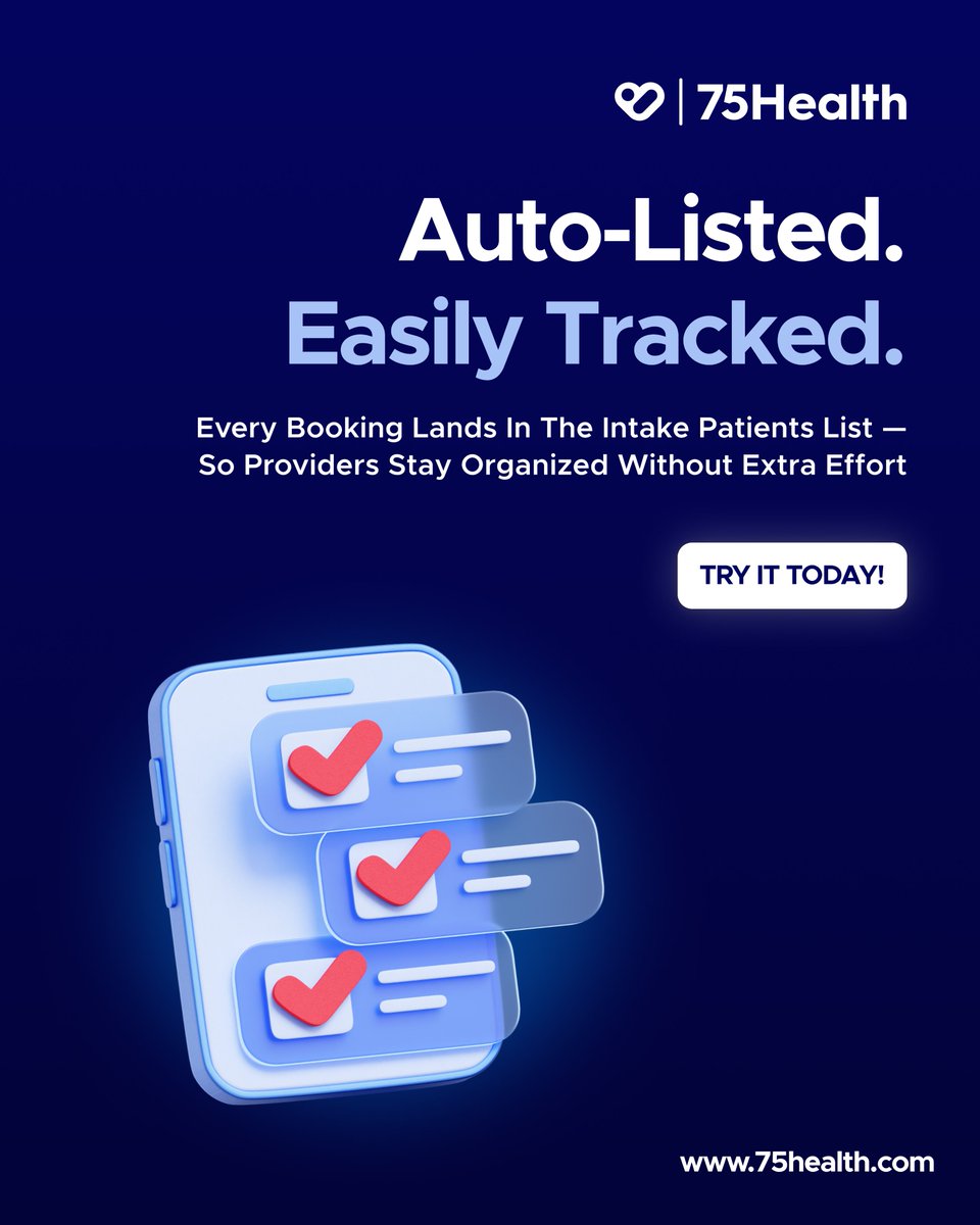 75Health's tweet image. Skip the hassle, keep it simple!

A smoother intake flow, built for speed and ease.

Start now — book appointments in seconds.
✨ Try our free trial today!

#75health #EHR #ElectronicHealthRecord #EMR #DigitalHealthRecord #IntakePatient