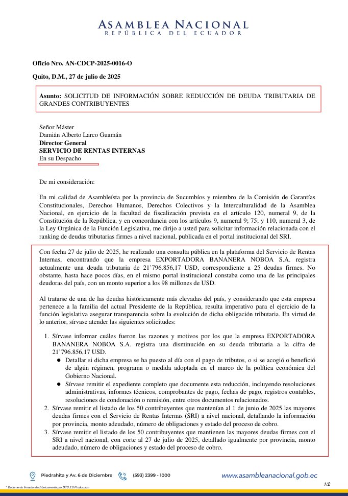 CompsCordova's tweet image. 🔴 URGENTE | He solicitado al @SRIoficialEc que transparente el “misterio financiero” del año: ¿la deuda de $98 millones de EXPORTADORA BANANERA NOBOA S.A. fue pagada, condonada o simplemente se evaporó? Porque ahora en su portal solo figuran $21 millones. ¡Mágico!

He iniciado…