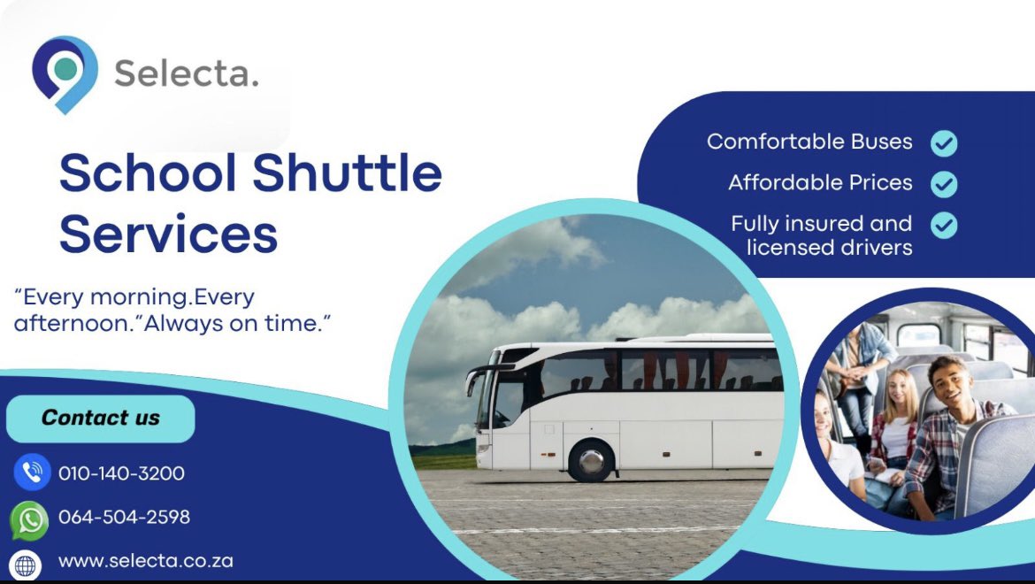 📚 Reliable School Shuttle Services by Selecta!
Getting your kids to and from school safely, comfortably, and always on time. 🚍✨
✅ Licensed drivers
✅ Affordable rates

📞 Call us: 010-140-3200
📲 WhatsApp: 064-504-2598
🌐 selecta.co.za