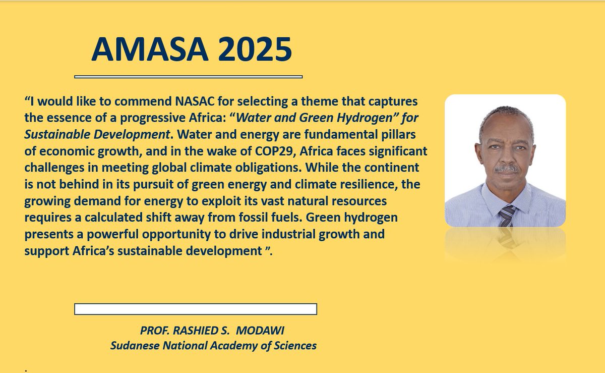 NASAConlineOrg's tweet image. “Green hydrogen can power Africa’s sustainable future.” — Prof. R.S. Modawi
Be part of #AMASA2025 in Rabat!
Register: shorturl.at/iHJCn  
Papers: shorturl.at/DOzKr
Deadline for registration is 15 August 2025
@IAPartnership
#GreenHydrogen #NASAC #AfricaForward