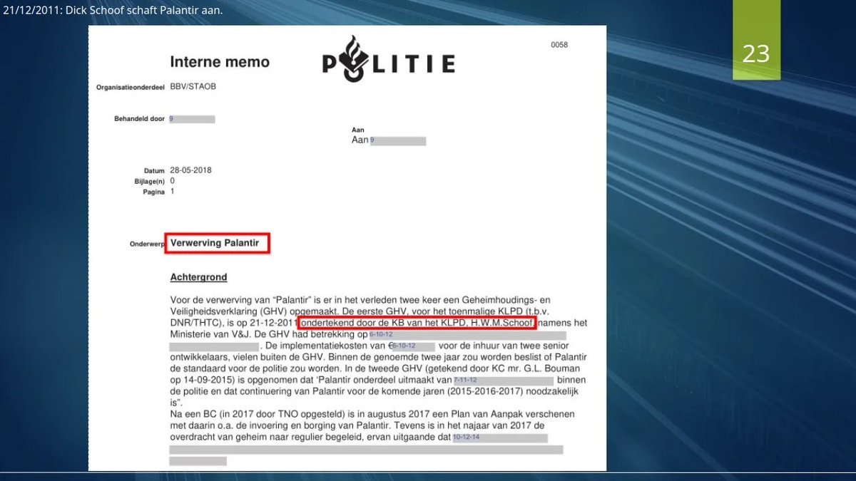 In Nederland maakt men sinds 2011 gebruik van Palantir, waarbij het eerste contract werd ondertekend door Dick Schoof. 
Dit blijkt uit vrijgegeven WOO-documenten en een analyse daarvan door <a href="/CeesCees72/">Cees</a>. Gisteren plaatste ik zijn artikel over Palantir en ik ben er nog steeds van