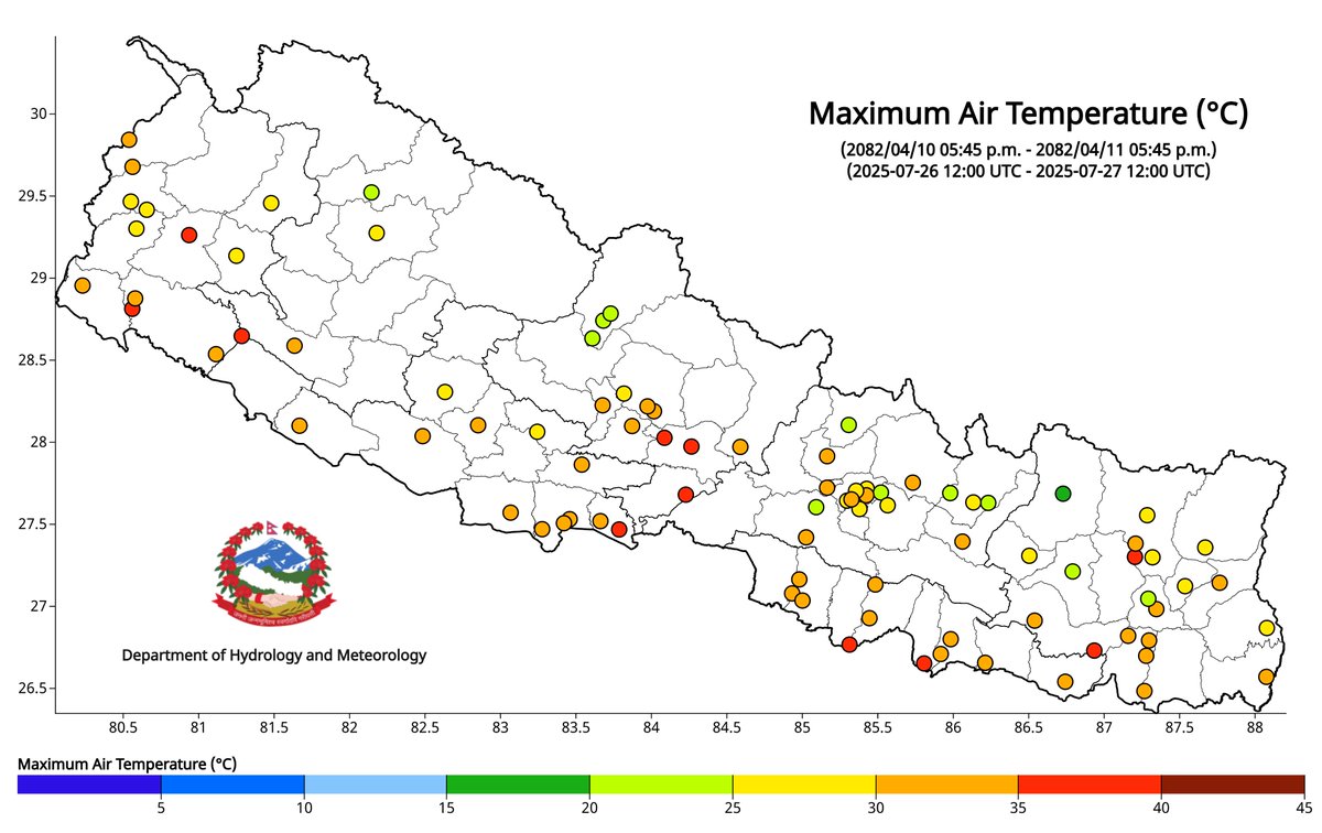 ClimateDhm's tweet image. #Daily_Weather_Summary_28th_July_2025
The highest daily precipitation (112.8mm) is recorded at Tribeni(Dhankuta) today. The highest temperature (36.0°C) is recorded at Damauli (Tanahu) and the lowest (14.6°C) at Lukla Airport (Solukhumbhu). For more, visit dhm.gov.np/climate-