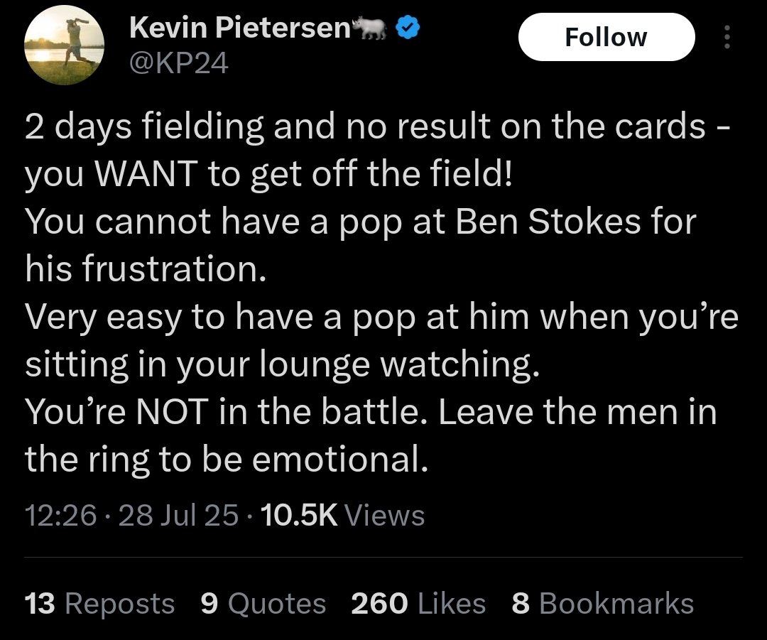 Akashkumarjha14's tweet image. Completely in character for KP to defend a petulant hissy fit, Brother must have related hard with Stokes in that moment.