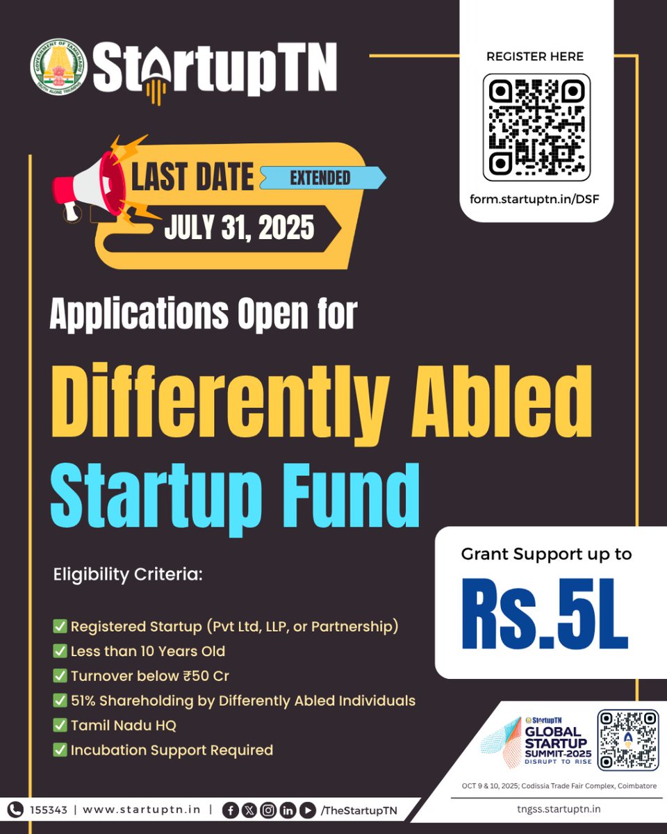 TheStartupTN's tweet image. Deadline Extended for Differently Abled Startup Fund Application!
Get grant support up to ₹5 Lakhs to transform your startup dreams into reality!
📅 Extended Deadline: July 31, 2025
🔗 Apply Now: form.startuptn.in/DSF
#StartupTN @aprsiva @TNDIPRNEWS