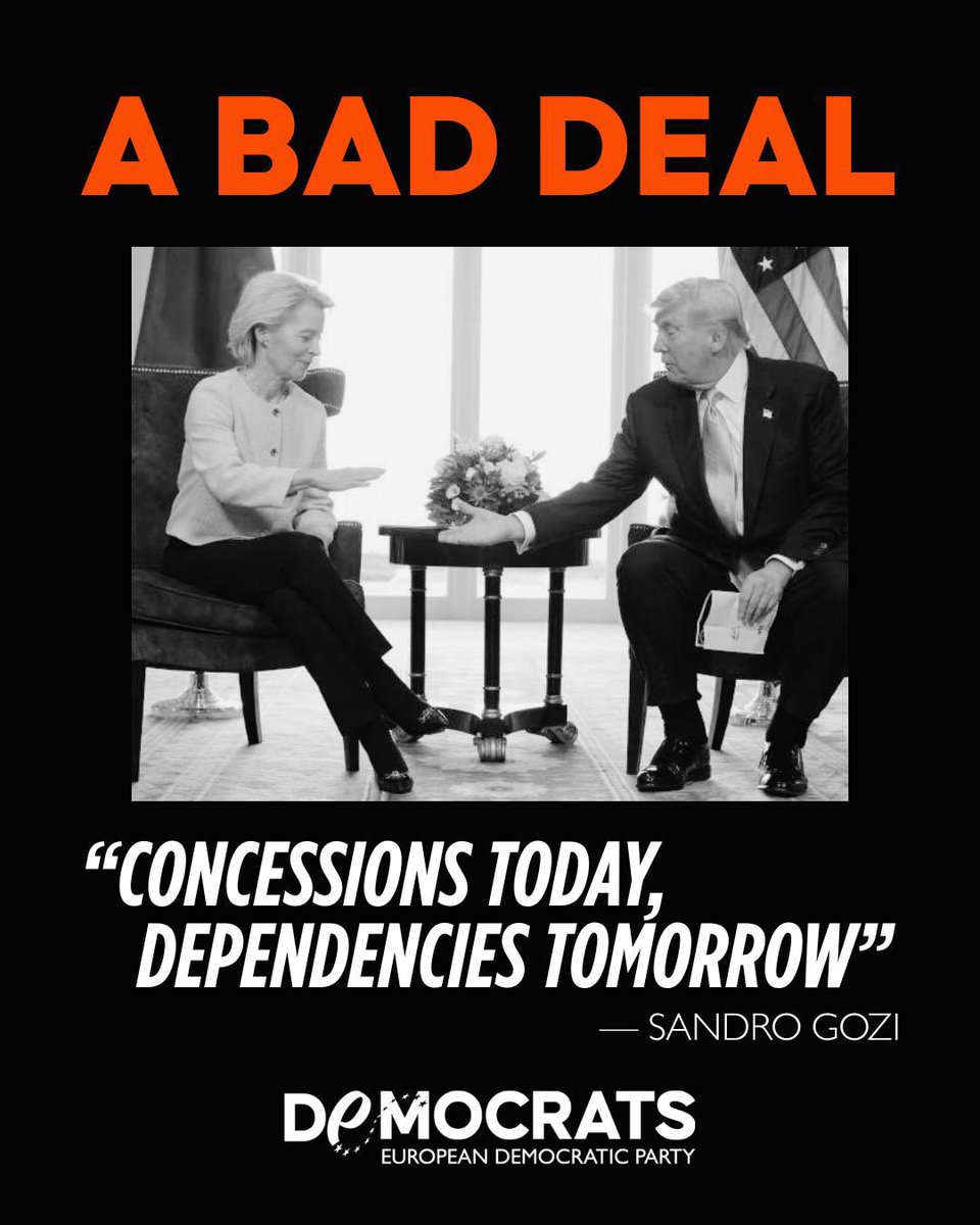 The tariff agreement between Donald Trump and Ursula von der Leyen risks weakening Europe’s strategic autonomy — and rewarding those who negotiate with threats.
“We needed courage and a truly European trade agenda — not a race to the bottom.”
— Sandro Gozi, MEP &amp; Secretary