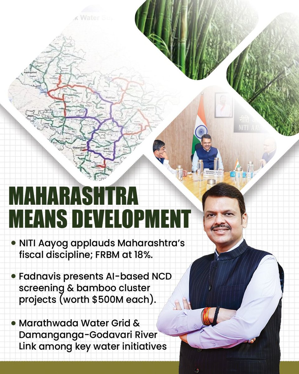 Under the leadership of <a href="/Dev_Fadnavis/">Devendra Fadnavis</a>, Maharashtra is setting new benchmarks in development!
From AI-based NCD screening to $500M bamboo cluster projects and ambitious water initiatives like the Marathwada Water Grid — the state is on a growth mission.