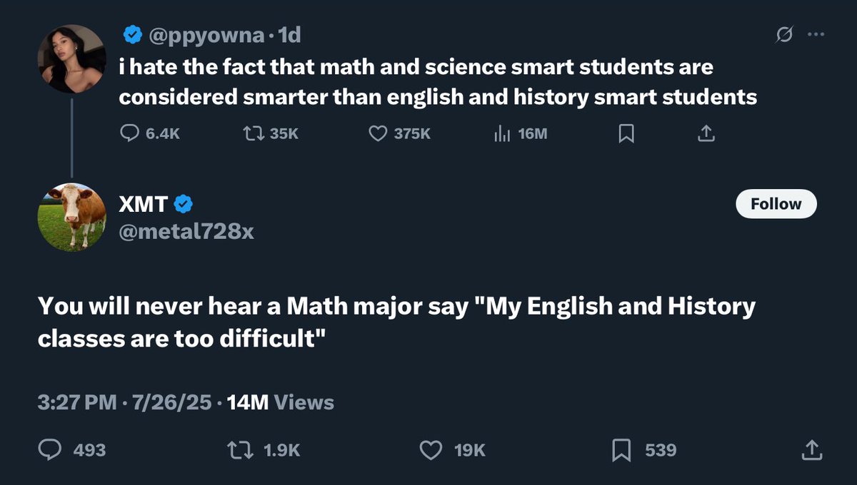 ASterling's tweet image. 20 years in the college English classroom Teacher of the Year). I heard this many times. Math dipshit.
