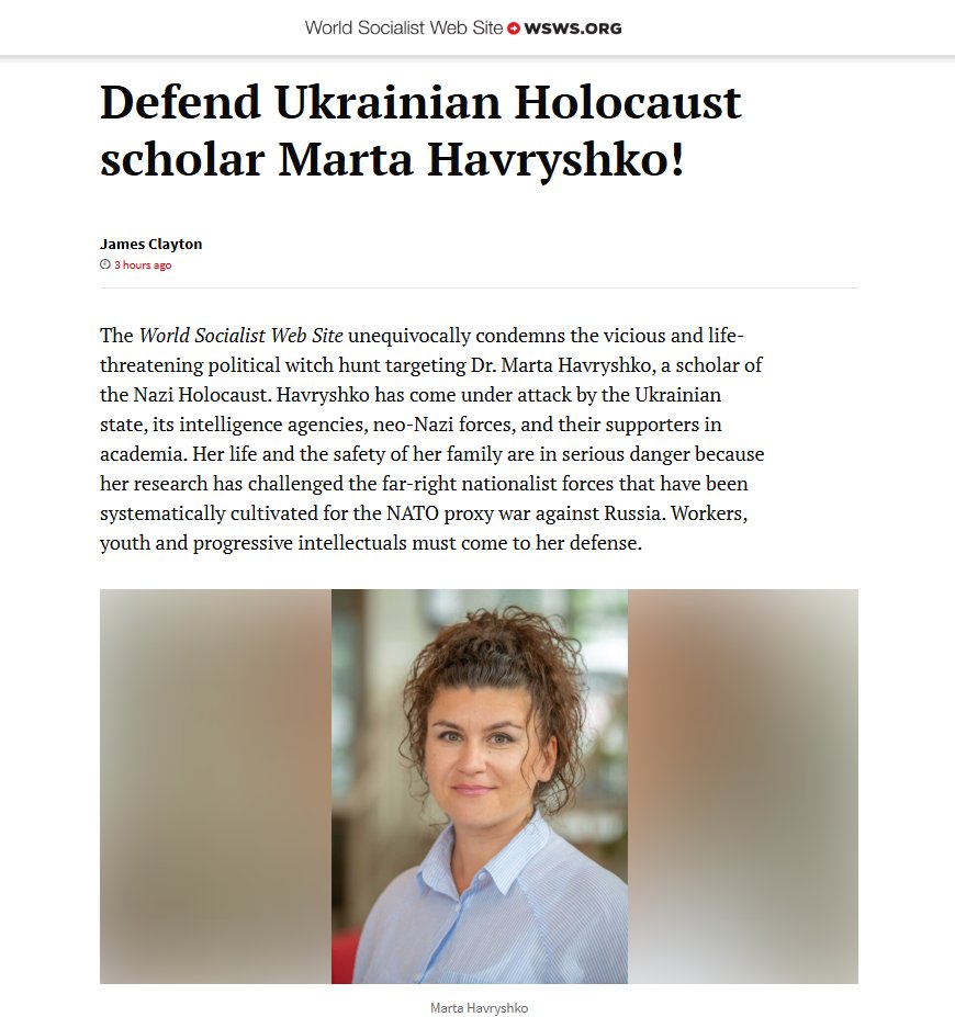 Defend Ukrainian Holocaust scholar Marta Havryshko! 

-World Socialist Web Site
wsws.org/en/articles/20…

The World Socialist Web Site unequivocally condemns the vicious and life-threatening political witch hunt targeting Dr. Marta Havryshko, a scholar of the Nazi Holocaust.