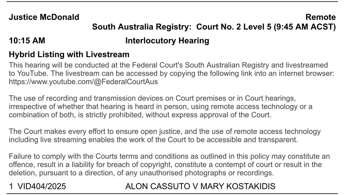 MaryKostakidis's tweet photo. My 18c interlocutory hearing tomorrow 29 July at 9.45am in Adelaide (10.15am AEST)
Livestream
https://t.co/vhrAZhVTCP https://t.co/FLtBIqH471
