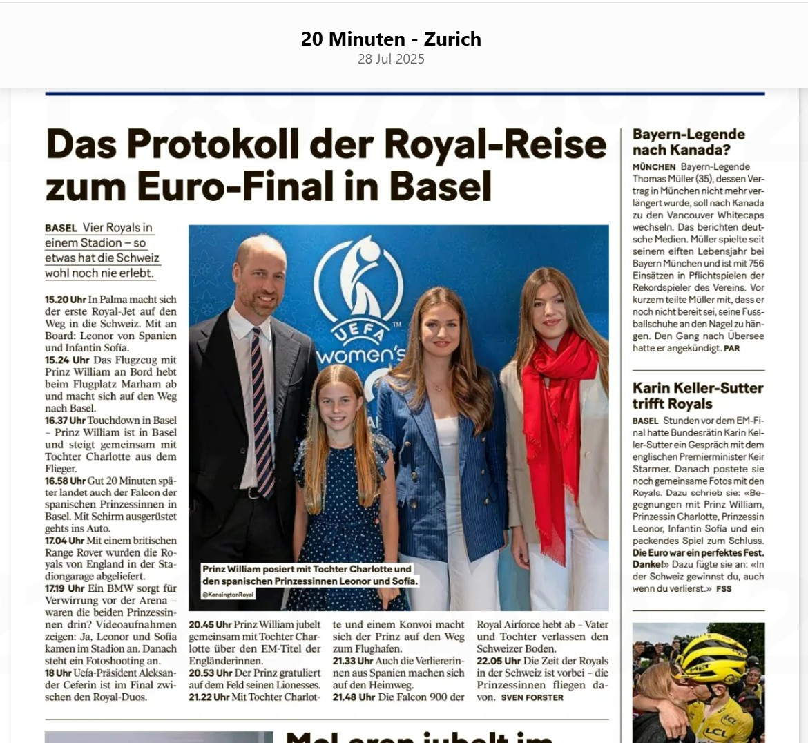 IanLloydRoyal's tweet image. Nice photos of #PrinceWilliam and #PrincessCharlotte watching @Lionesses win #Euros2025 in these Swiss and German newspapers