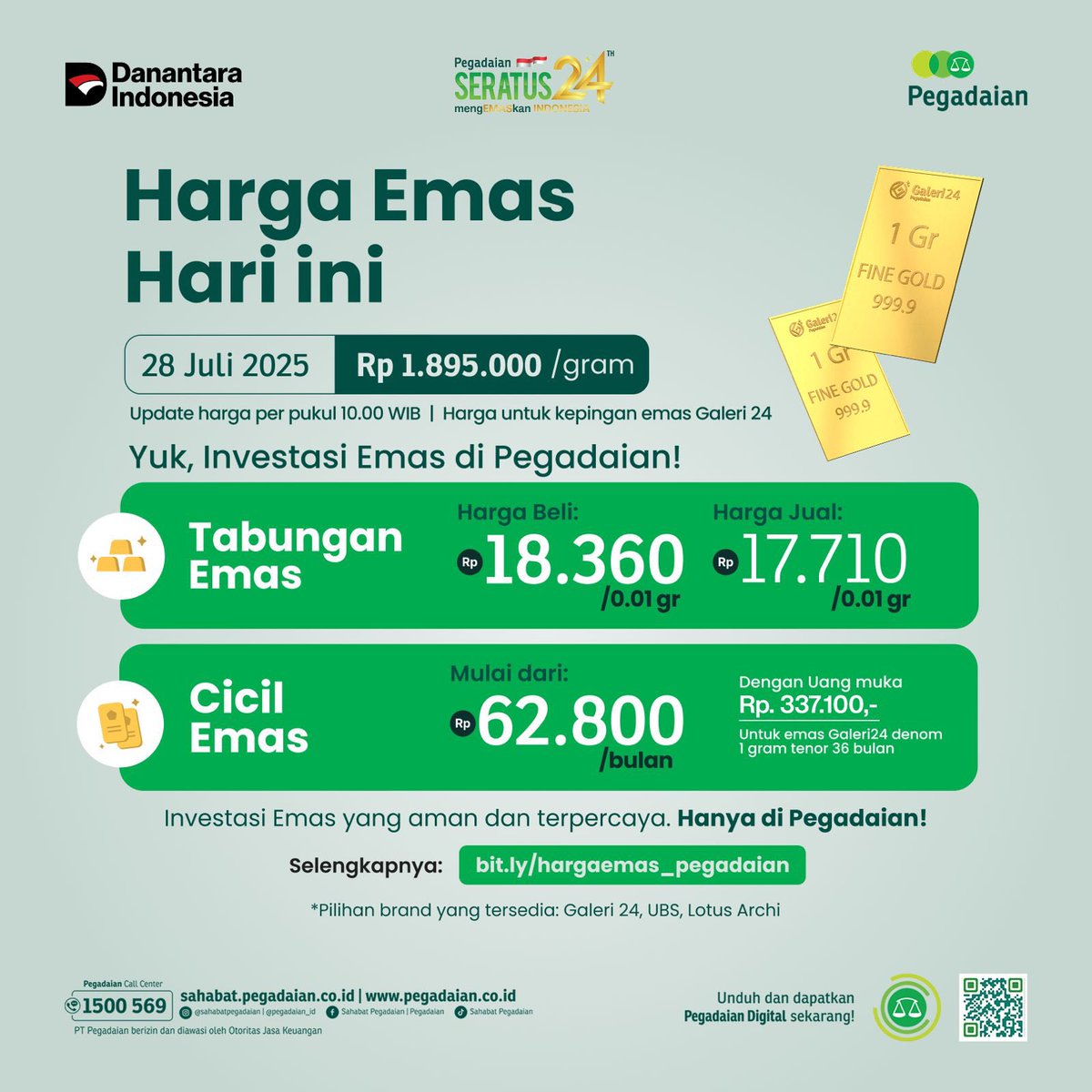 Update Harga Emas
*Hari ini, 28 Juli 2025*

Investasi Emas lebih mudah di Aplikasi Pegadaian Digital

Download sekarang juga di : devpds.onelink.me/v3LG/installpd…

Tim CICIL EMAS kasih emot 👍
Tim NABUNG EMAS kasih emot ❤
