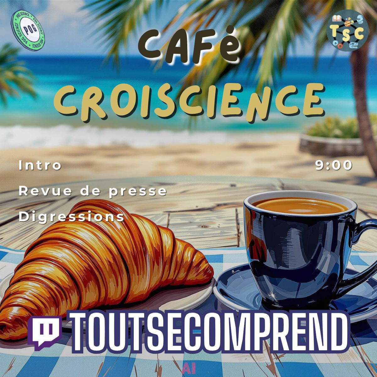 PogScience's tweet image. 🔴🅻🅸🆅🅴
☕🥐 Robin Isnard vous attend pour le #cafécroiscience sur #Twitch
🗞 Au programme, revue de presse et analyse d&apos;articles de presse scientifique.

➡️ twitch.tv/toutsecomprend

#vulgarisation / #Science