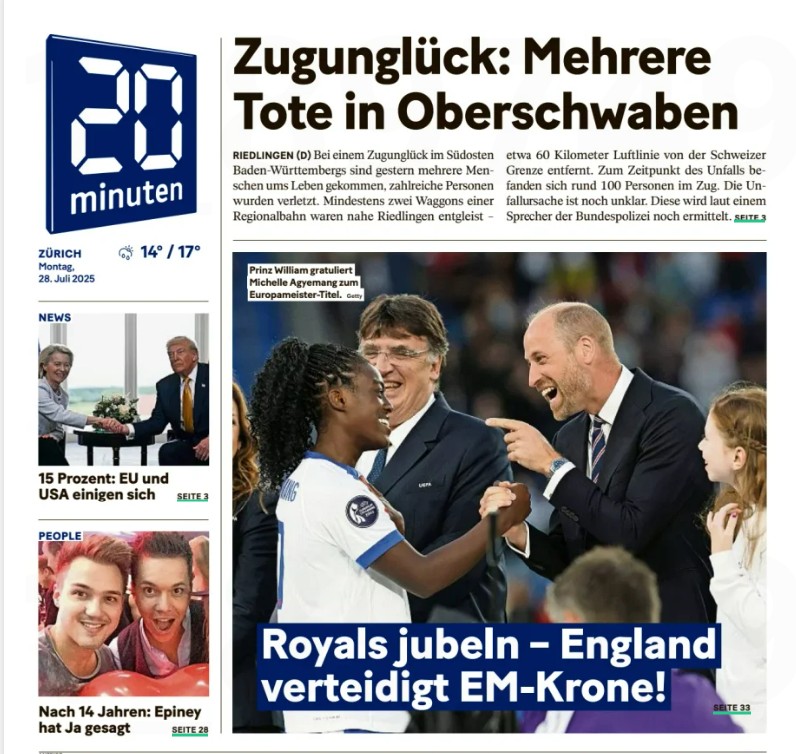 IanLloydRoyal's tweet image. Nice photos of #PrinceWilliam and #PrincessCharlotte watching @Lionesses win #Euros2025 in these Swiss and German newspapers