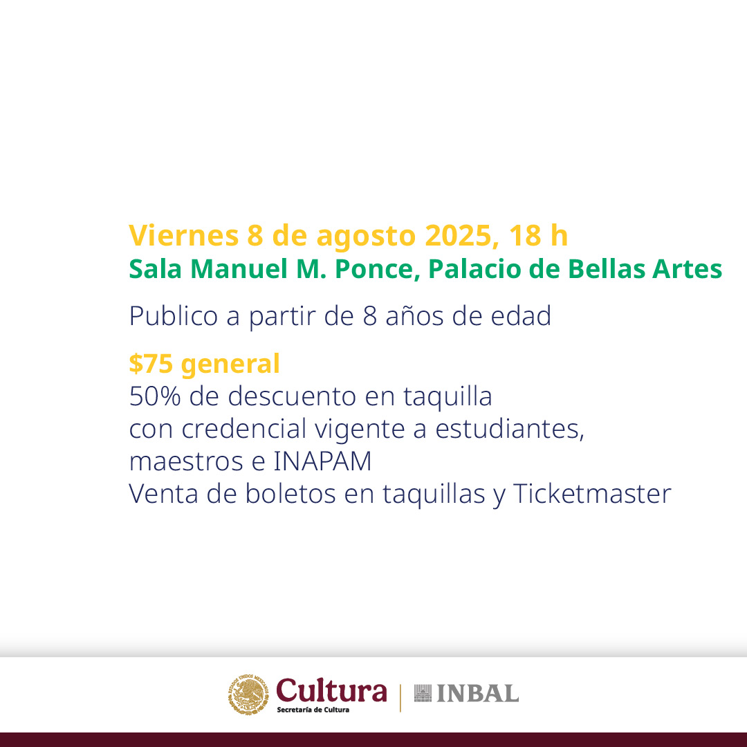 🎹 Mañana 8 de agosto, 18:00 h: Jóvenes Intérpretes en Bellas Artes con obras de Schubert, Brahms, Grieg y Schumann.
🎟 $75 en taquillas y Ticketmaster.
#MúsicaINBAL #JóvenesIntérpretes #CDMXCultural #Boletos75 #MúsicaDeCámara