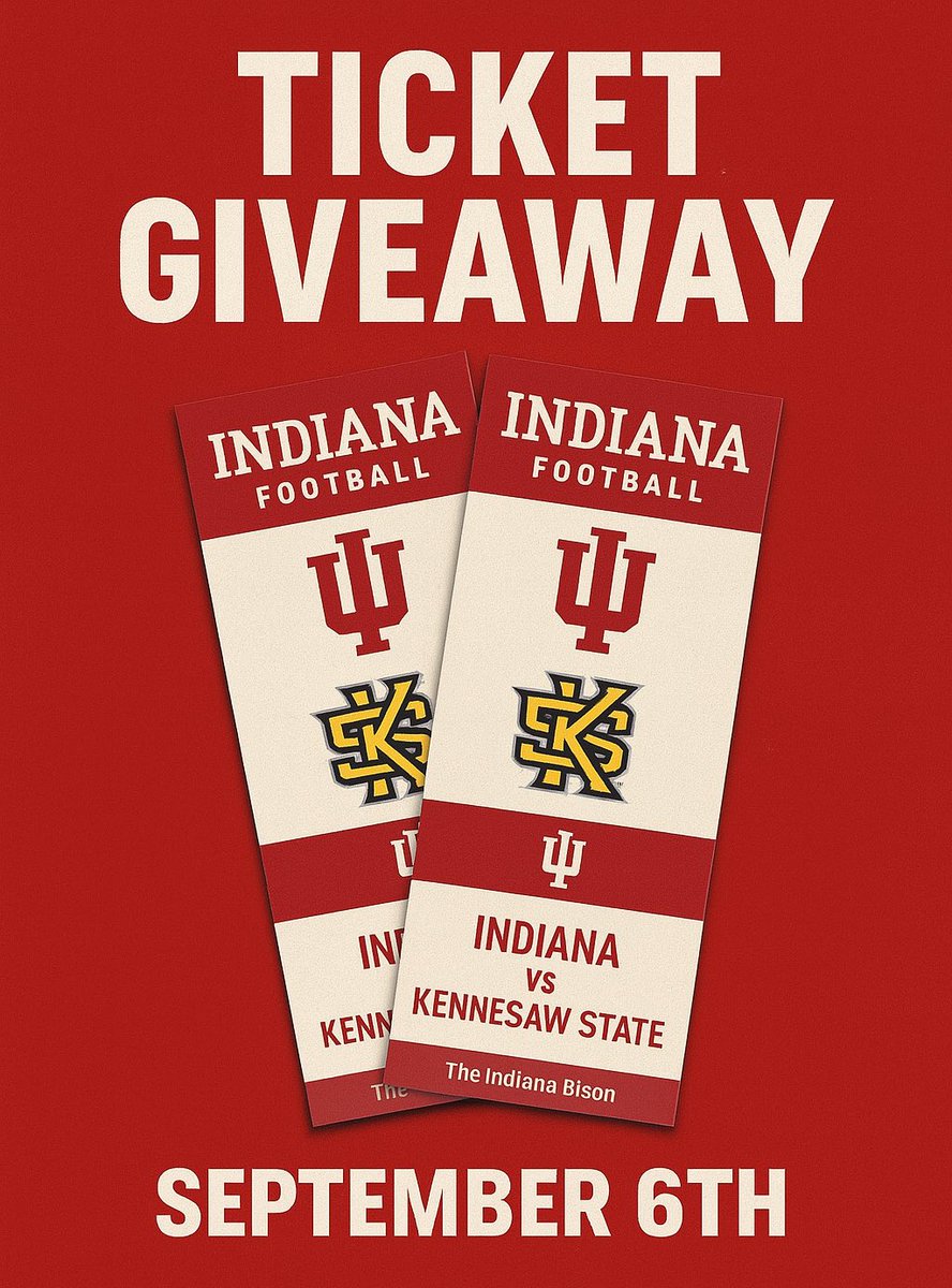 TheIndianaBison's tweet image. TICKET GIVEAWAY: IU vs Kennesaw State
2 tickets
Saturday, September 6th, 12pm.
Steps to Enter:
Like / Comment / Repost / Follow
Winner will be picked on August 6th, four weeks before the season opener.
