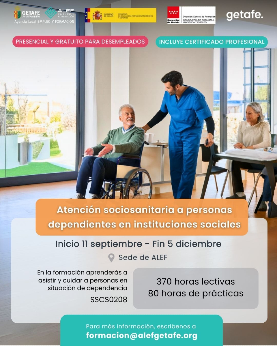 alefgetafe's tweet image. 🚨 ¡No pierdas tu plaza! Inscripciones abiertas para los cursos de SEPTIEMBRE.

🩺​💉​Atención sociosanitaria a personas dependientes en instituciones sociales.
370 horas lectivas y 80 horas de prácticas.

✔️ Incluye certificado profesional
❗ Gratuito para desempleados
📚 Clases…