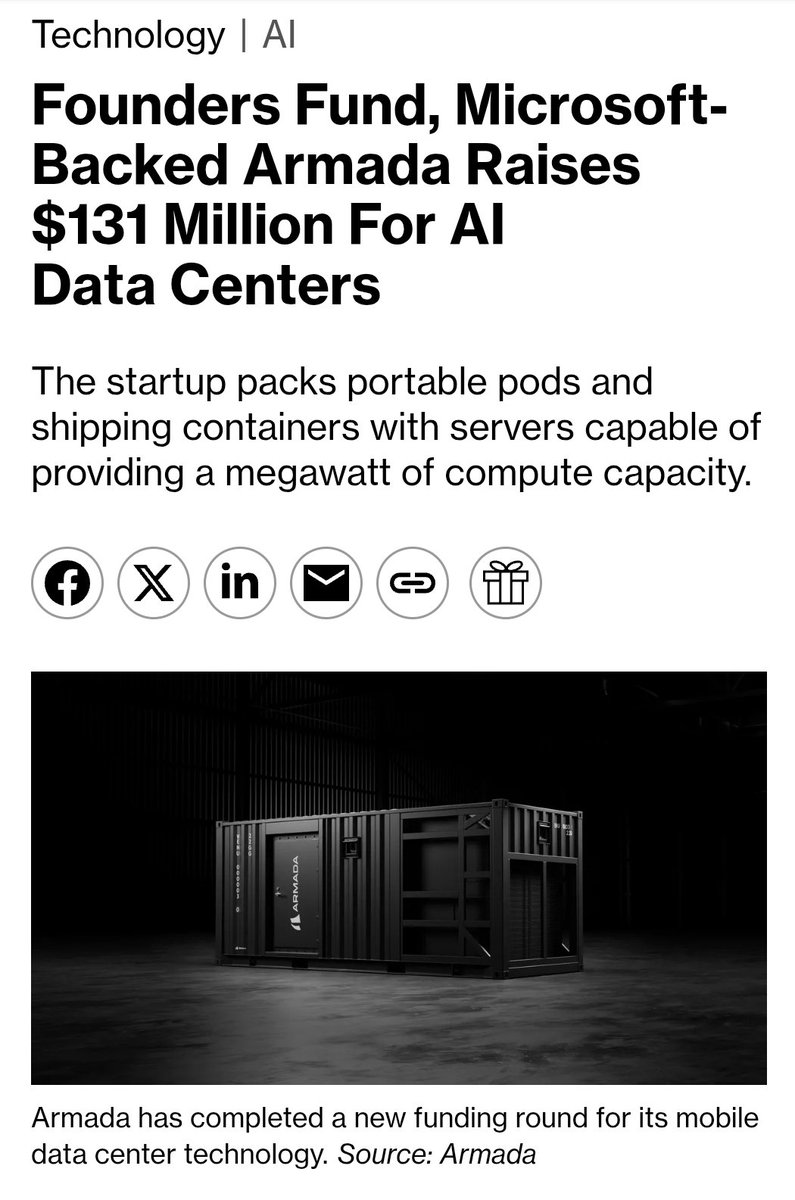 andrewsilvagni's tweet image. Armada, a US-based startup building mobile AI data centres for industries such as manufacturing & defense has raised $131 million from investors including Pinegrove, Veriten & Glade Brook as well as from existing investors including Founders Fund & M12:
thetechcapital.com/microsoft-back…