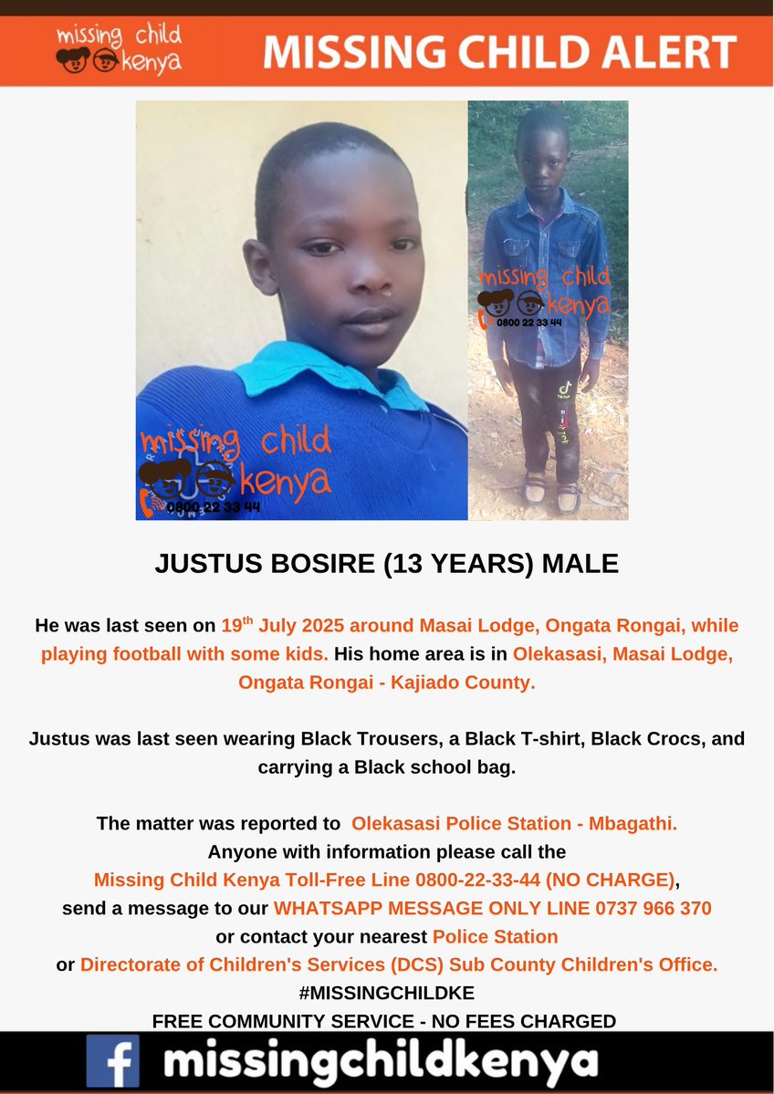 missingchild_ke's tweet image. JUSTUS BOSIRE (13 YEARS) MALE #MISSINGCHILDKE