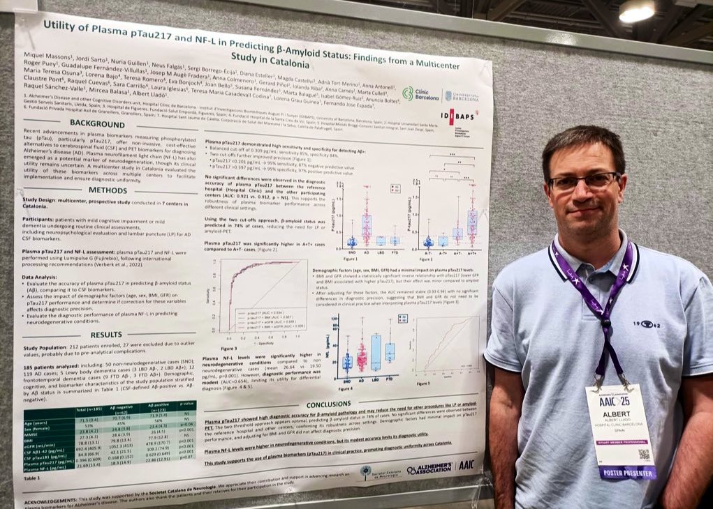Unitat d’Alzheimer i altres Trastorns Cognitius (@alz_clinicbcn) on Twitter photo 🚨 More data from the #UATC <a href="/Alladopl/">Albert Llado</a> <a href="/mmassons95/">Miquel Massons</a>! Plasma #pTau217 shows excellent accuracy for predicting β-amyloid status across 7 centers in Catalonia. A major step toward the clinical applicability of blood-based AD diagnosis! 🧠🧪
#AAIC25 #BBMs 🚨 More data from the #UATC <a href="/Alladopl/">Albert Llado</a> <a href="/mmassons95/">Miquel Massons</a>! Plasma #pTau217 shows excellent accuracy for predicting β-amyloid status across 7 centers in Catalonia. A major step toward the clinical applicability of blood-based AD diagnosis! 🧠🧪
#AAIC25 #BBMs