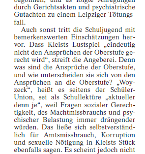 textkritik's tweet image. Jürgen Kaube schreibt heute in der FAZ zur literaturblinden Kritik der ›Schüler-Union‹ am neuen Abitursstoff in Hessen (statt Büchners »Woyzeck« nur Kleists »Der zerbrochne Krug«).
Fällt auch Kaube schwer, die Contenance zu bewahren, wenn man die Argumente hört …