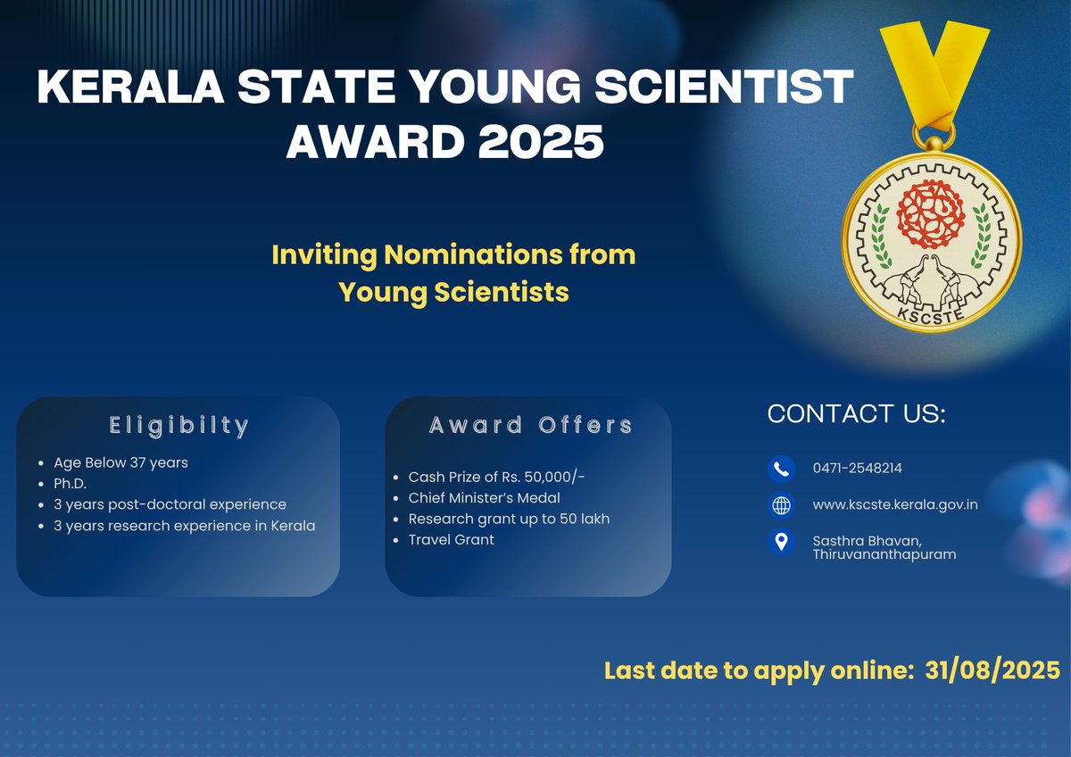 Nominations invited for Kerala State Young Scientist Award 2025...
kscste.kerala.gov.in/kscste-nominat…